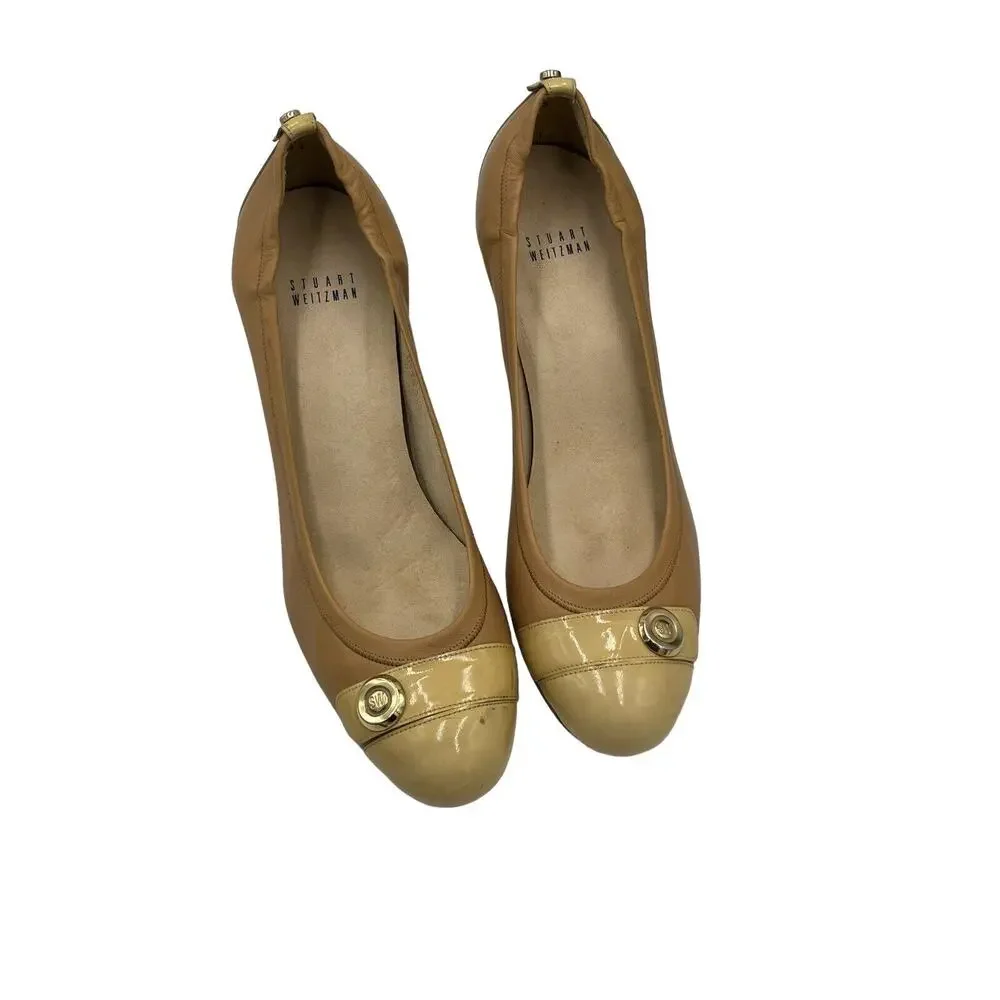 Stuart Weitzman Nude Tan Leather Patent Cap Toe Classic Heel Gold‎ Accent Sz 9.5